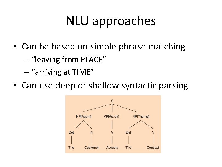NLU approaches • Can be based on simple phrase matching – “leaving from PLACE”