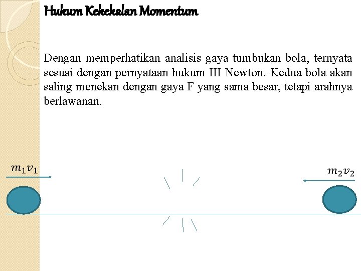 Hukum Kekekalan Momentum Dengan memperhatikan analisis gaya tumbukan bola, ternyata sesuai dengan pernyataan hukum