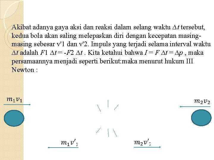 Akibat adanya gaya aksi dan reaksi dalam selang waktu ∆t tersebut, kedua bola akan