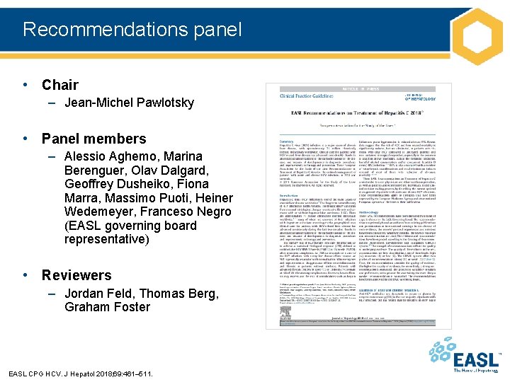 Recommendations panel • Chair – Jean-Michel Pawlotsky • Panel members – Alessio Aghemo, Marina