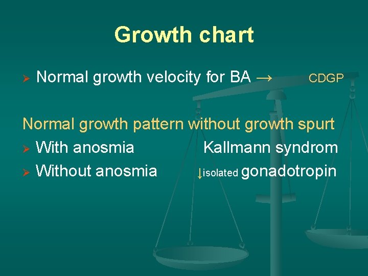 Growth chart Ø Normal growth velocity for BA → CDGP Normal growth pattern without