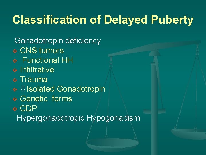 Classification of Delayed Puberty Gonadotropin deficiency v CNS tumors v Functional HH v Infiltrative