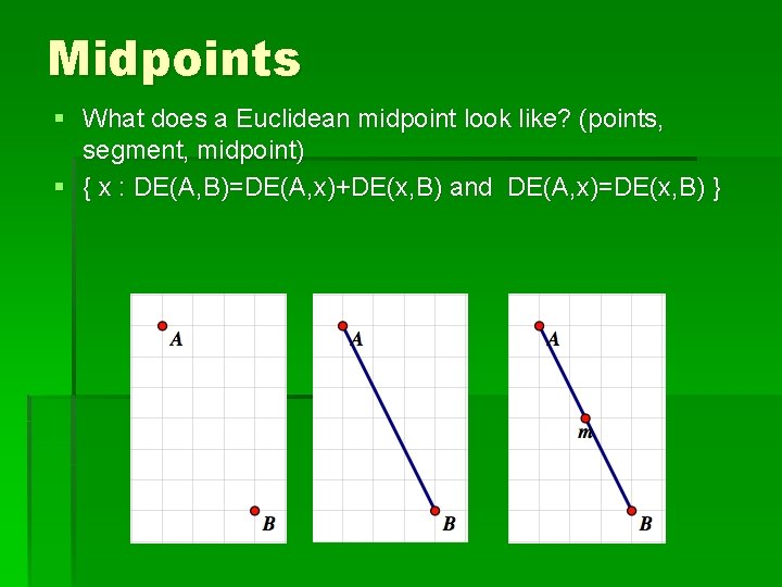 Midpoints § What does a Euclidean midpoint look like? (points, segment, midpoint) § {