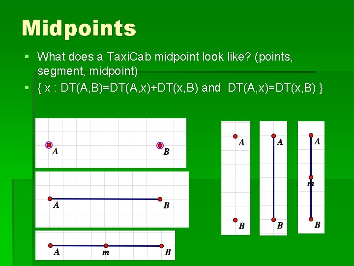 Midpoints § What does a Taxi. Cab midpoint look like? (points, segment, midpoint) §