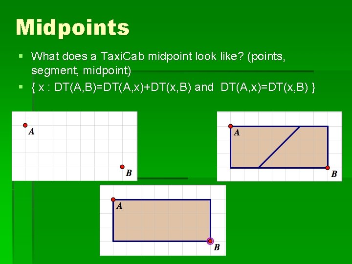 Midpoints § What does a Taxi. Cab midpoint look like? (points, segment, midpoint) §