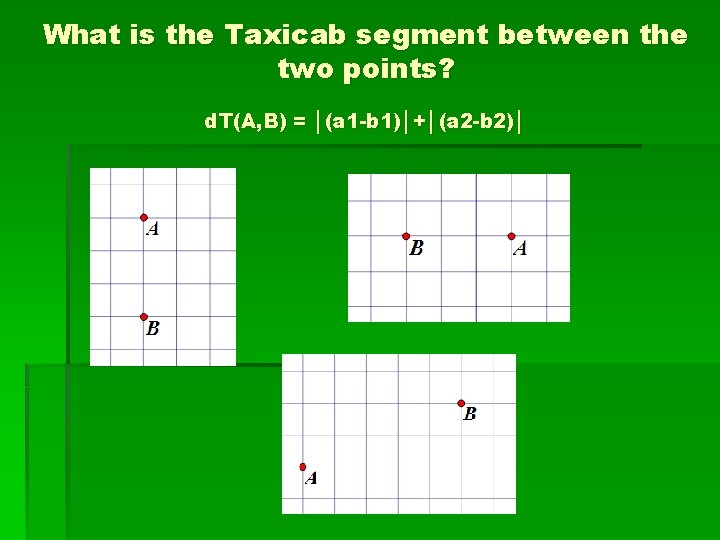 What is the Taxicab segment between the two points? d. T(A, B) = │(a