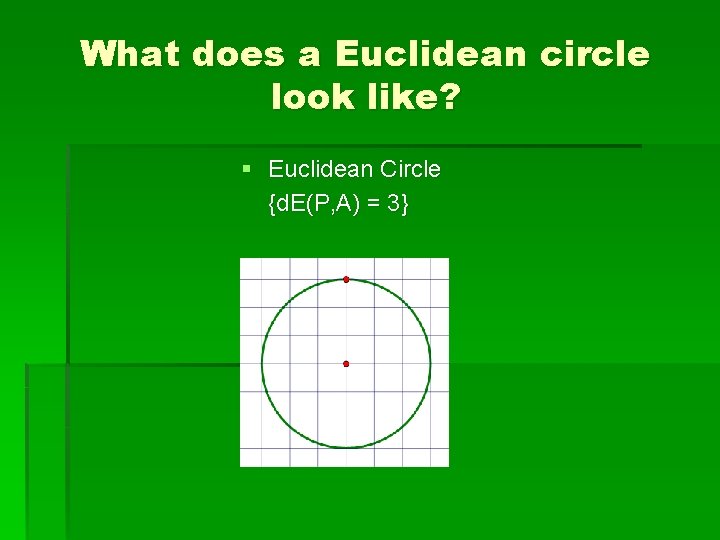 What does a Euclidean circle look like? § Euclidean Circle {d. E(P, A) =