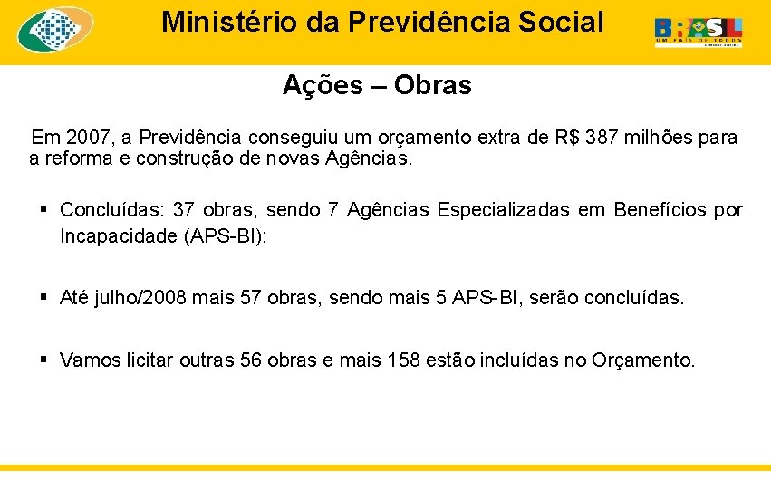 Ministério da Previdência Social Ações – Obras Em 2007, a Previdência conseguiu um orçamento