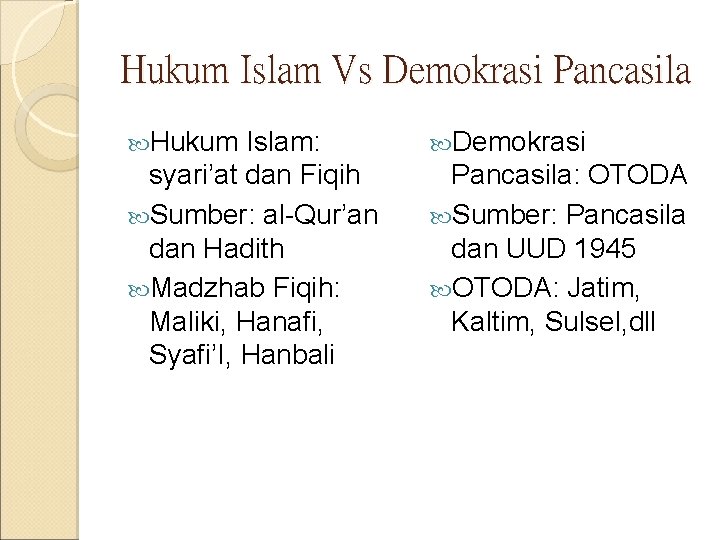 Hukum Islam Vs Demokrasi Pancasila Hukum Islam: syari’at dan Fiqih Sumber: al-Qur’an dan Hadith Hukum Islam Vs Demokrasi Pancasila Hukum Islam: syari’at dan Fiqih Sumber: al-Qur’an dan Hadith