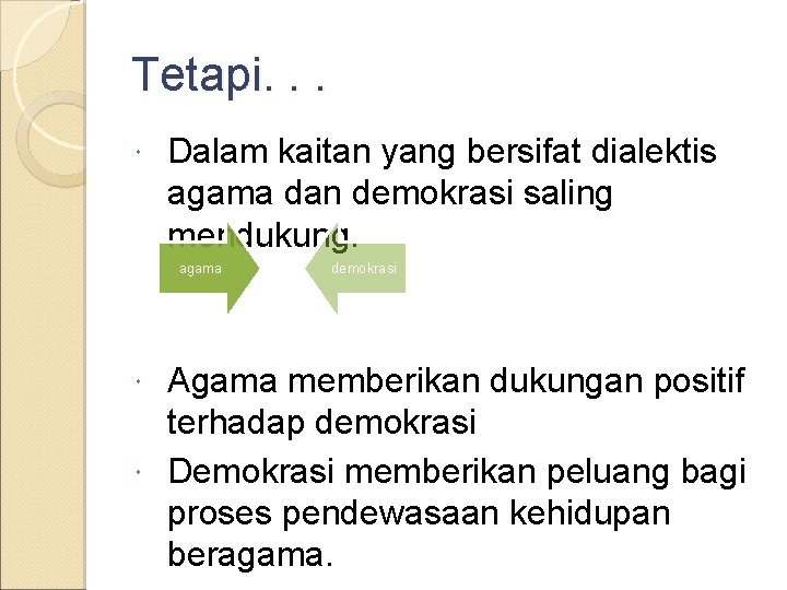 Tetapi. . . Dalam kaitan yang bersifat dialektis agama dan demokrasi saling mendukung. agama Tetapi. . . Dalam kaitan yang bersifat dialektis agama dan demokrasi saling mendukung. agama