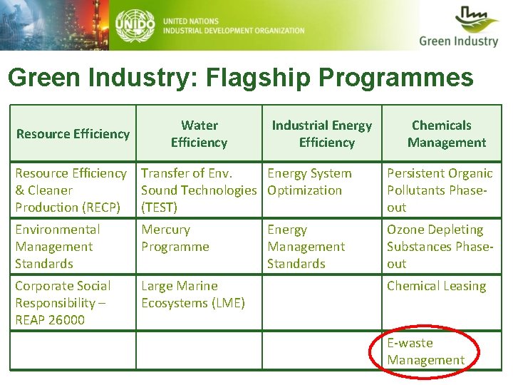 Green Industry: Flagship Programmes Resource Efficiency Water Efficiency Industrial Energy Efficiency Chemicals Management Resource