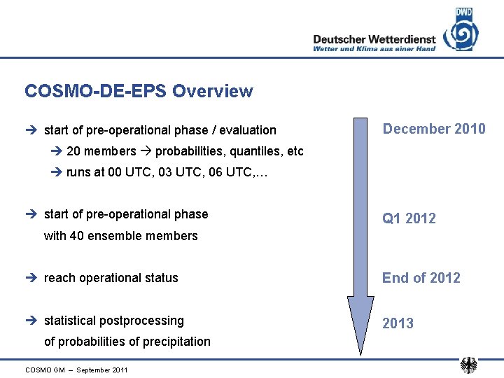 COSMO-DE-EPS Overview è start of pre-operational phase / evaluation December 2010 è 20 members