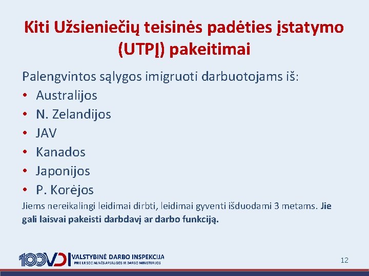 Kiti Užsieniečių teisinės padėties įstatymo (UTPĮ) pakeitimai Palengvintos sąlygos imigruoti darbuotojams iš: • Australijos