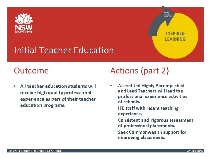 Initial Teacher Education Outcome Actions (part 2) • All teacher education students will receive