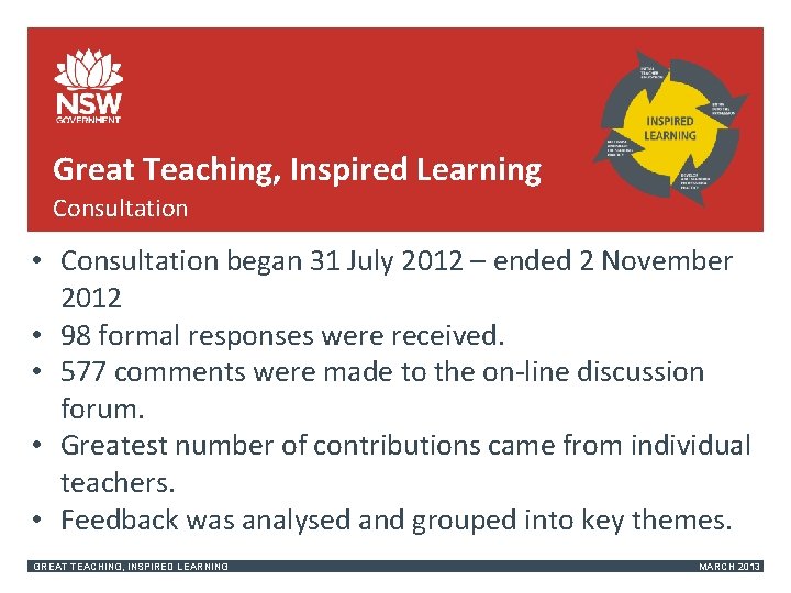 Great Teaching, Inspired Learning Consultation • Consultation began 31 July 2012 – ended 2