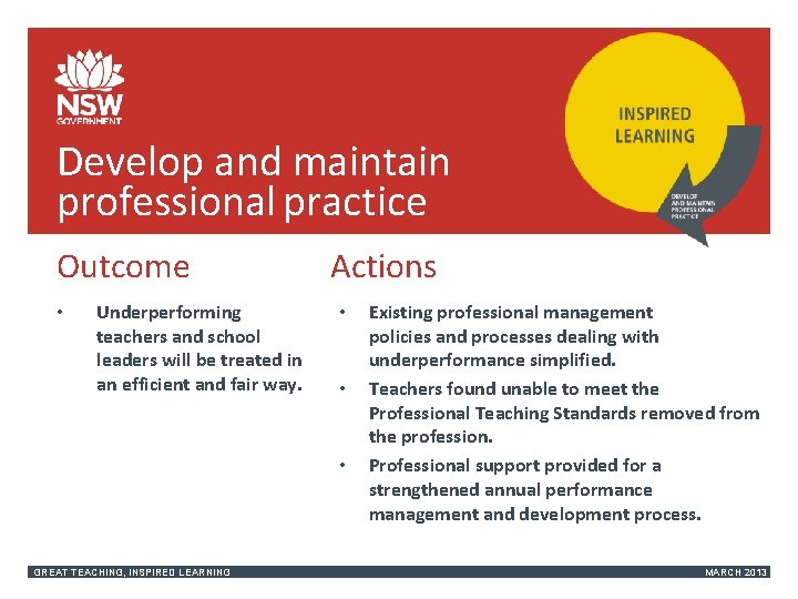 Develop and maintain professional practice Outcome • Underperforming teachers and school leaders will be