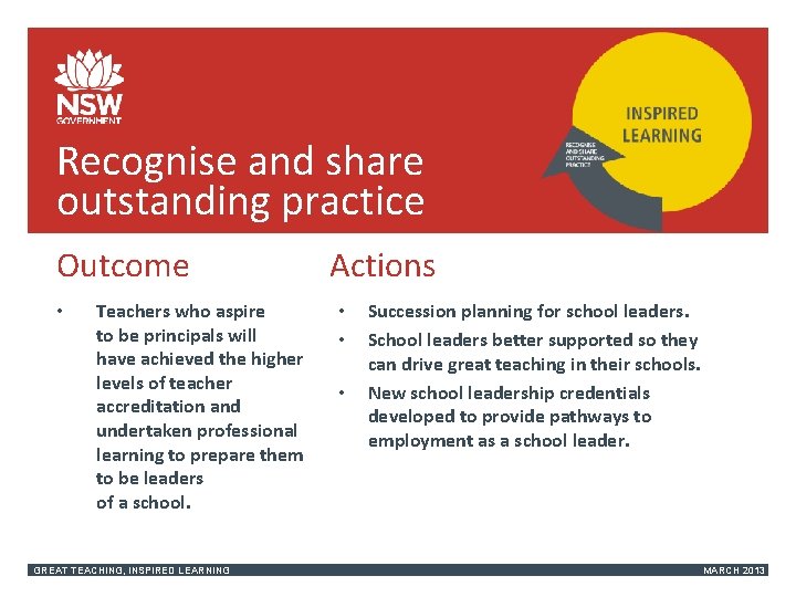 Recognise and share outstanding practice Outcome • Teachers who aspire to be principals will