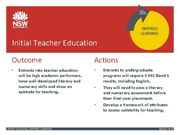 Initial Teacher Education Outcome • Entrants into teacher education will be high academic performers,