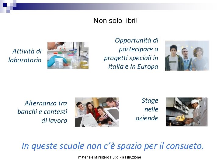 Non solo libri! Attività di laboratorio Alternanza tra banchi e contesti di lavoro Opportunità