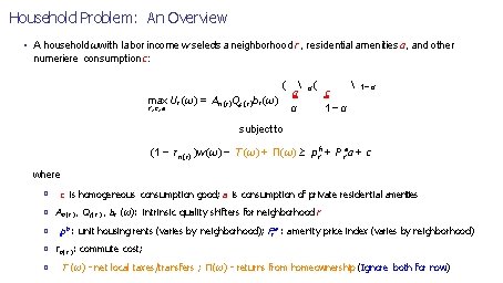 Household Problem: An Overview • A household ωwith labor income w selects a neighborhood