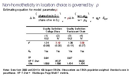 Non-homotheticity in location choice is governed by ρ Estimating equation for model parameter ρ: