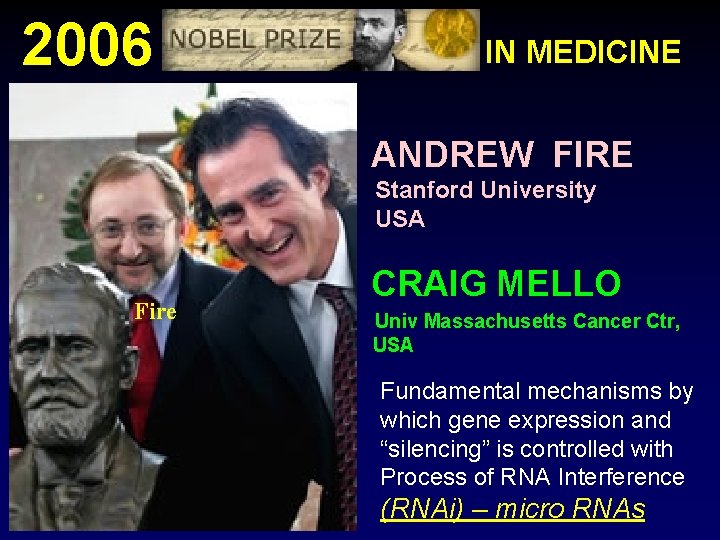 2006 IN MEDICINE ANDREW FIRE Stanford University USA Fire CRAIG MELLO Univ Massachusetts Cancer