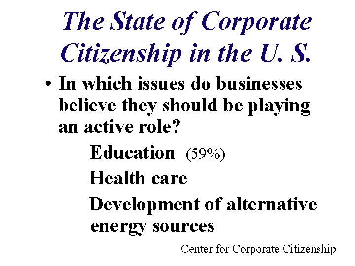 The State of Corporate Citizenship in the U. S. • In which issues do