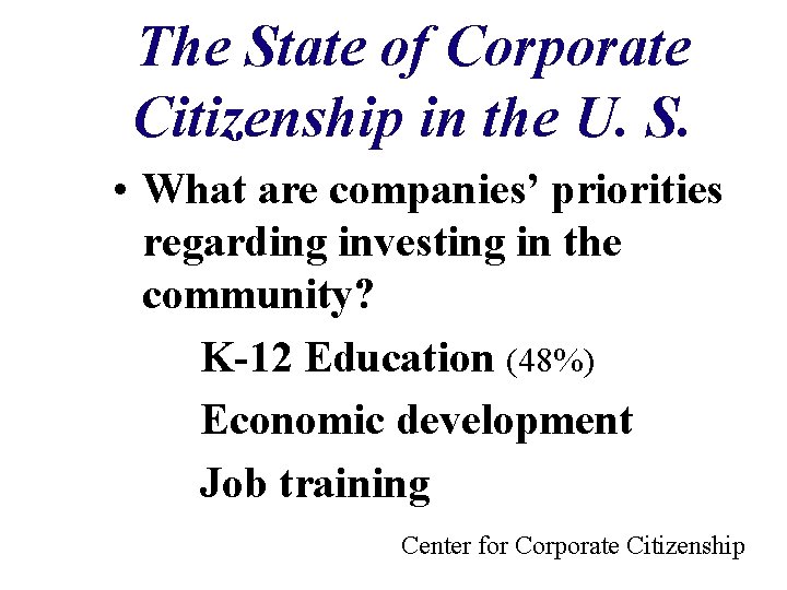 The State of Corporate Citizenship in the U. S. • What are companies’ priorities