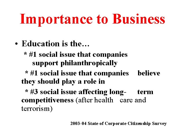 Importance to Business • Education is the… * #1 social issue that companies support