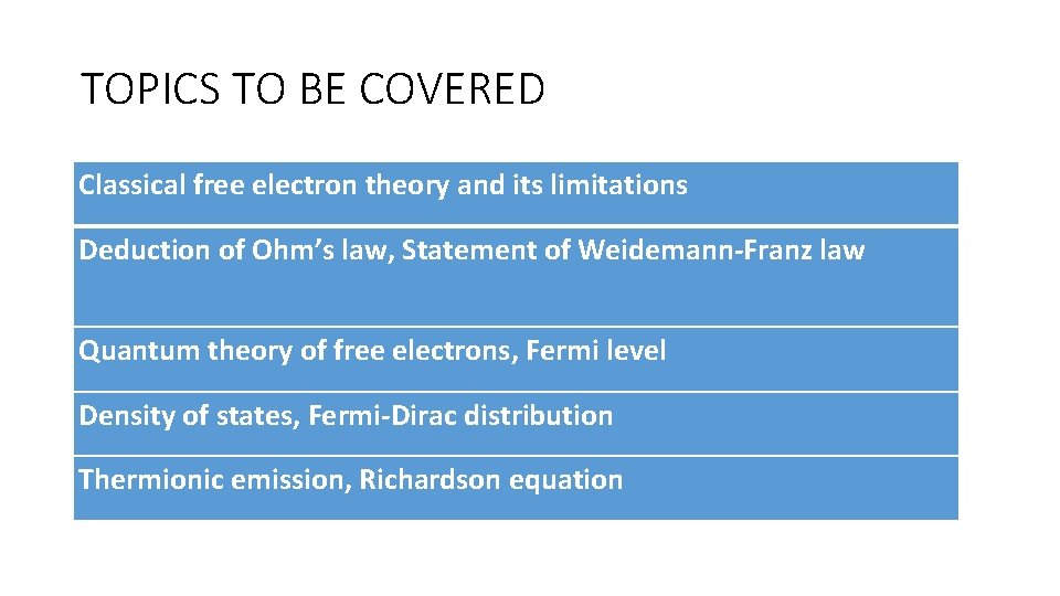 TOPICS TO BE COVERED Classical free electron theory and its limitations Deduction of Ohm’s