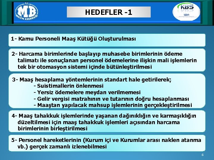 HEDEFLER -1 1 - Kamu Personeli Maaş Kütüğü Oluşturulması 2 - Harcama birimlerinde başlayıp