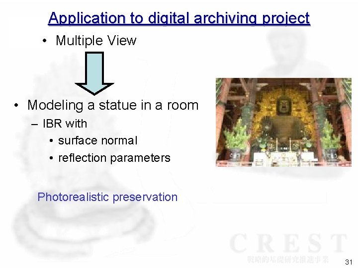 Application to digital archiving project • Multiple View • Modeling a statue in a