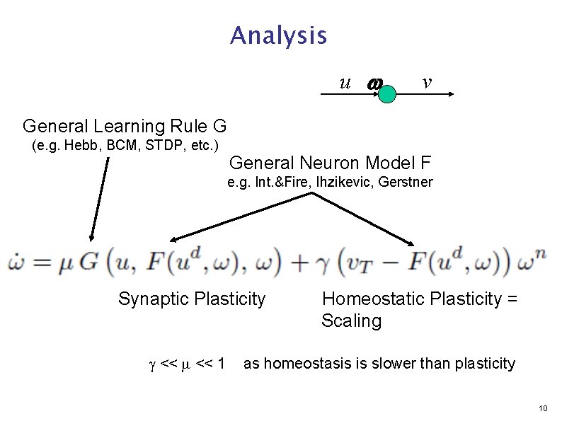 Analysis u w v General Learning Rule G (e. g. Hebb, BCM, STDP, etc.