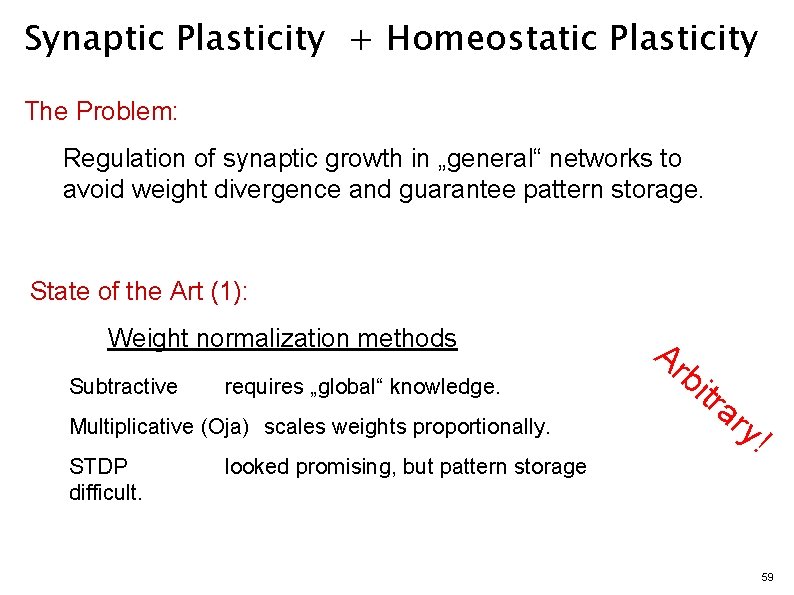 Synaptic Plasticity + Homeostatic Plasticity The Problem: Regulation of synaptic growth in „general“ networks