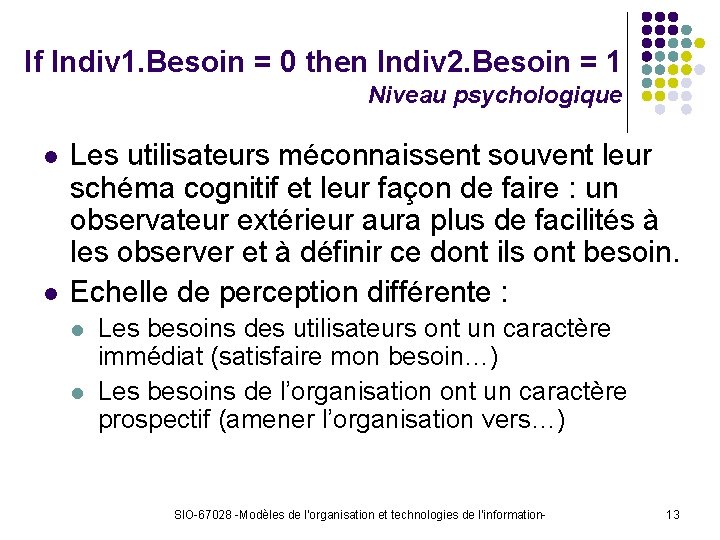 If Indiv 1. Besoin = 0 then Indiv 2. Besoin = 1 Niveau psychologique