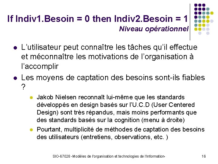 If Indiv 1. Besoin = 0 then Indiv 2. Besoin = 1 Niveau opérationnel