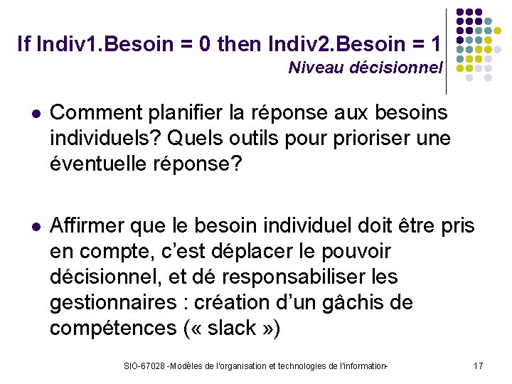 If Indiv 1. Besoin = 0 then Indiv 2. Besoin = 1 Niveau décisionnel