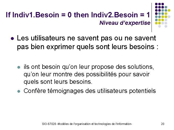 If Indiv 1. Besoin = 0 then Indiv 2. Besoin = 1 Niveau d’expertise