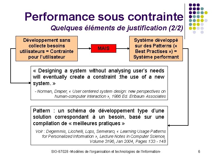 Performance sous contrainte Quelques éléments de justification (2/2) Développement sans collecte besoins utilisateurs =