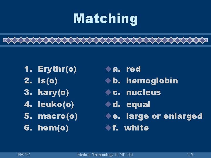 Matching 1. 2. 3. 4. 5. 6. NWTC Erythr(o) Is(o) kary(o) leuko(o) macro(o) hem(o)