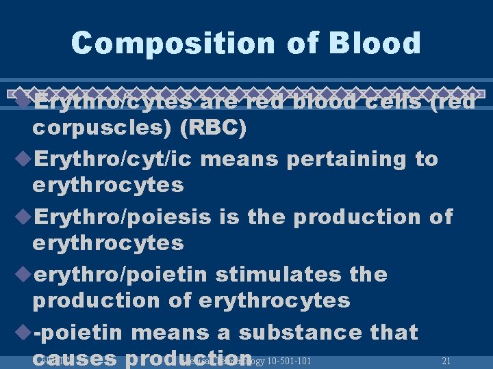 Composition of Blood u. Erythro/cytes are red blood cells (red corpuscles) (RBC) u. Erythro/cyt/ic