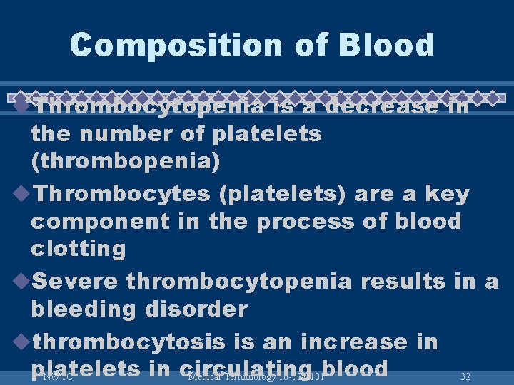 Composition of Blood u. Thrombocytopenia is a decrease in the number of platelets (thrombopenia)