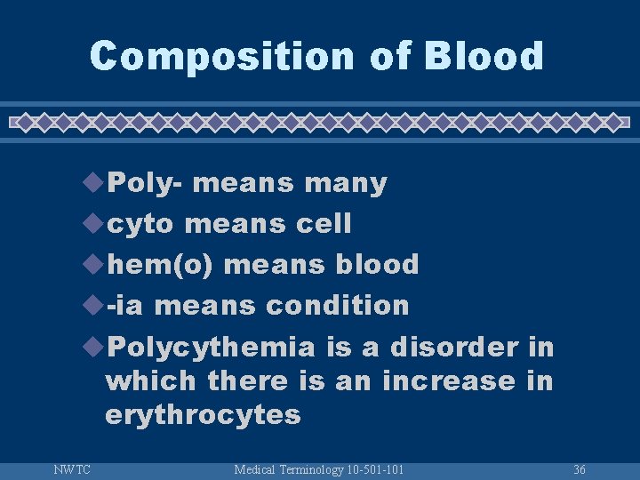 Composition of Blood u. Poly- means many ucyto means cell uhem(o) means blood u-ia