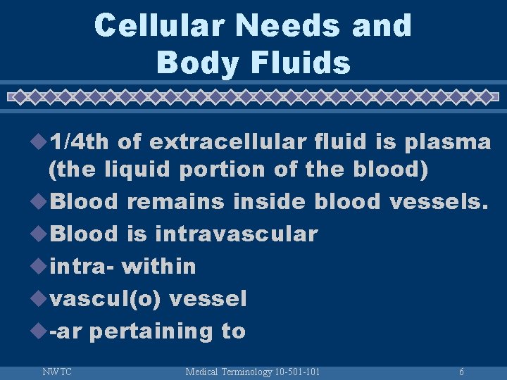 Cellular Needs and Body Fluids u 1/4 th of extracellular fluid is plasma (the