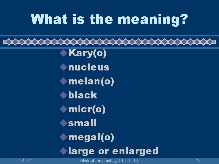 What is the meaning? u. Kary(o) unucleus umelan(o) ublack umicr(o) usmall umegal(o) ularge or