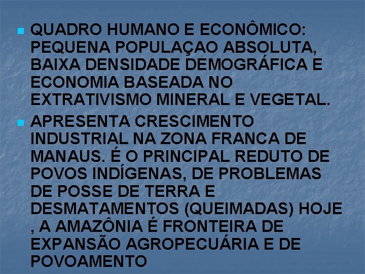 n n QUADRO HUMANO E ECONÔMICO: PEQUENA POPULAÇAO ABSOLUTA, BAIXA DENSIDADE DEMOGRÁFICA E ECONOMIA