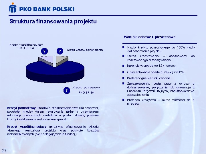 Struktura finansowania projektu Warunki cenowe i pozacenowe Kredyt współfinansujący PKO BP SA ? ?