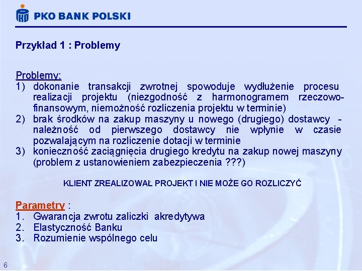 Przykład 1 : Problemy: 1) dokonanie transakcji zwrotnej spowoduje wydłużenie procesu realizacji projektu (niezgodność