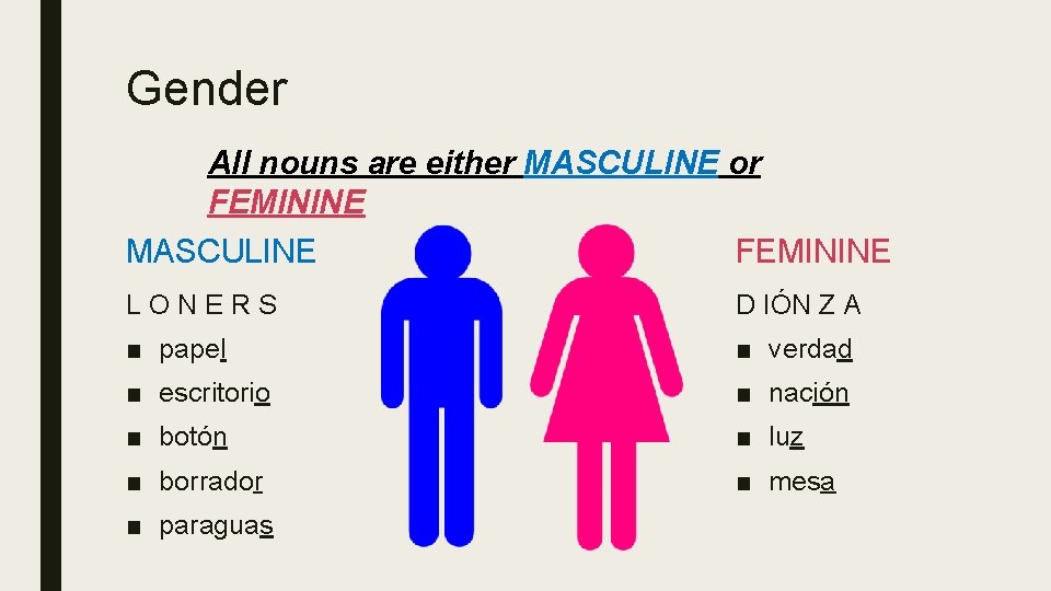 Gender All nouns are either MASCULINE or FEMININE MASCULINE FEMININE LONERS D IÓN Z