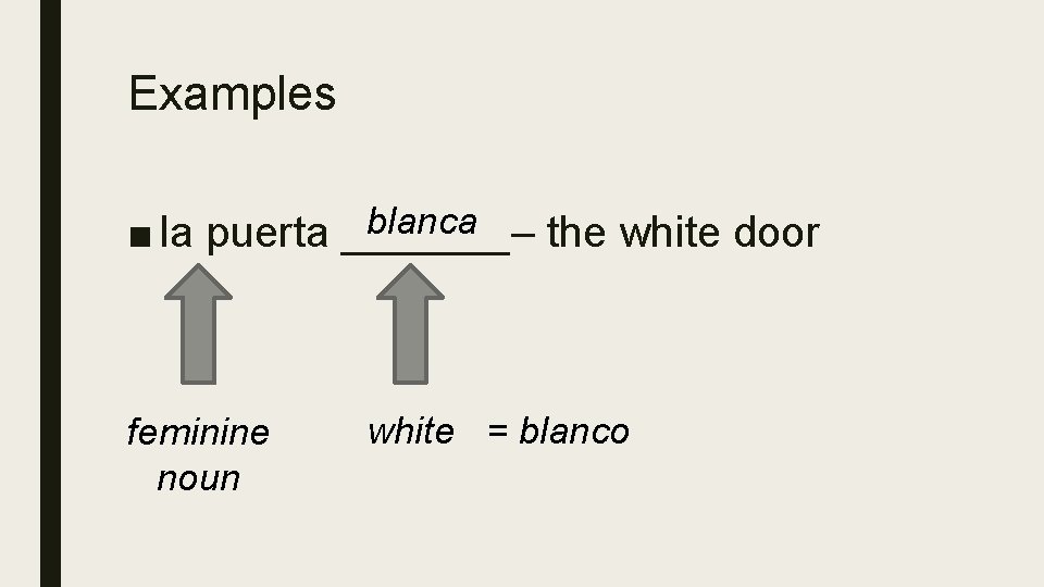 Examples blanca ■ la puerta _______– the white door feminine noun white = blanco